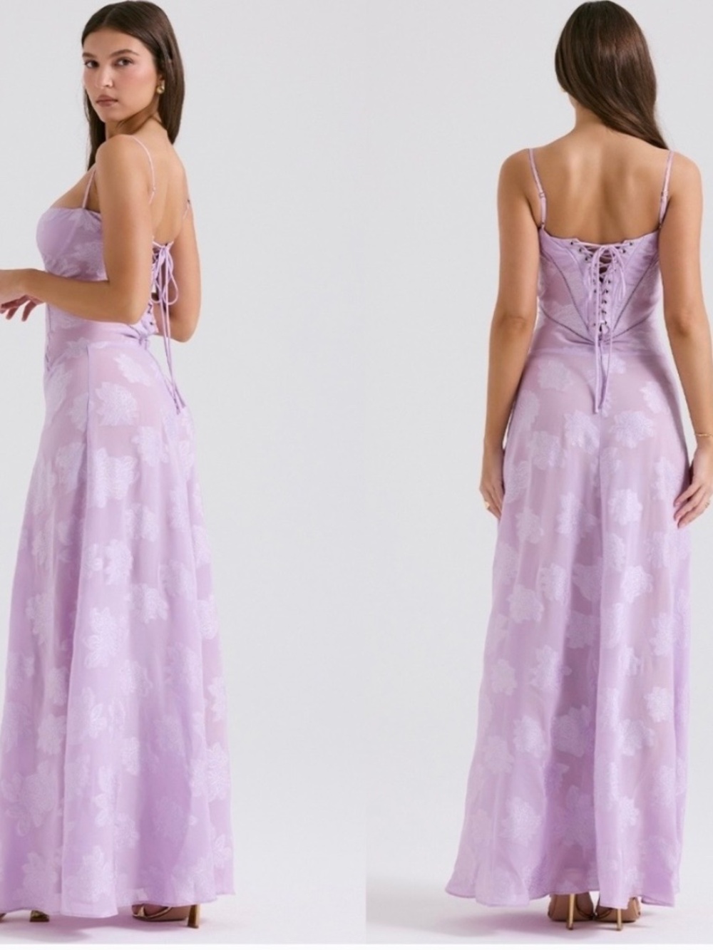 House of CB Lilac Lace-Up Back Floral Satin Maxi Dress